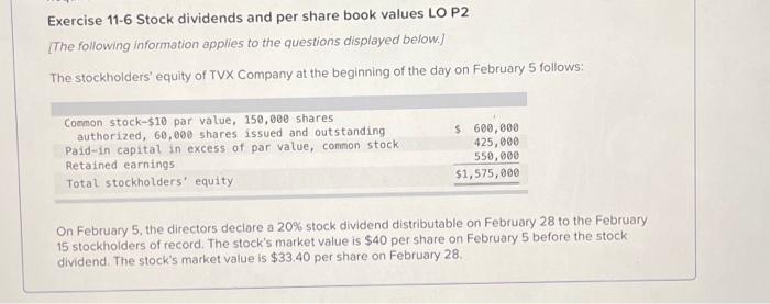 EXCERCISE 11-6 STOCK DIVIDENDS AND PER SHARE BOOK VALUES LO P2. *I