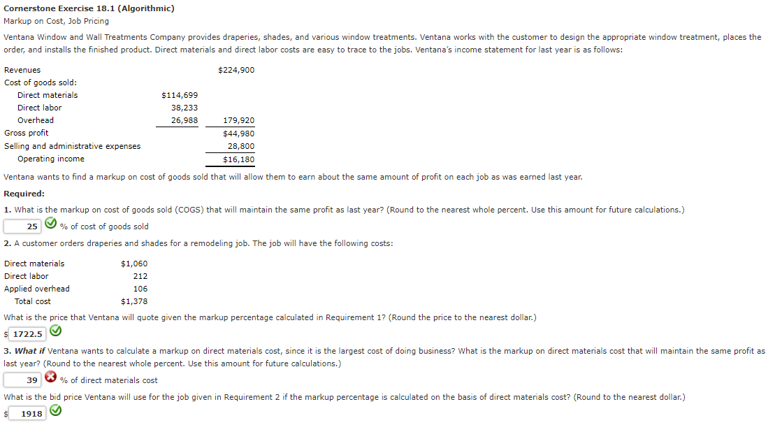  Cornerstone Exercise 18.1 (Algorithmic) Markup on Cost, Job Pricing Ventana Window