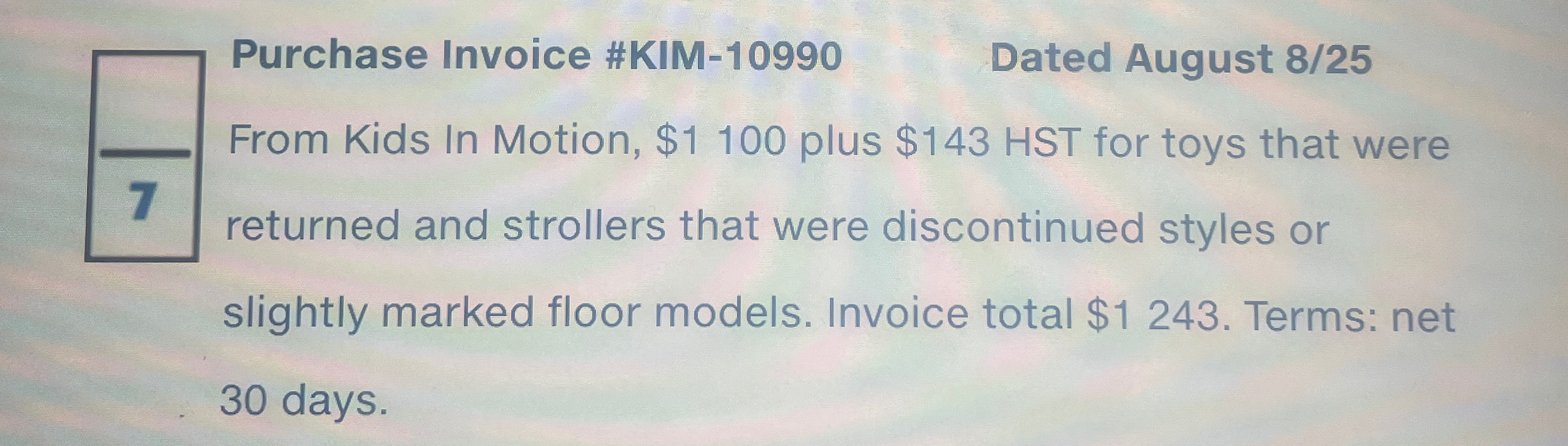  Purchase Invoice #KIM-10990 Dated August 8/25 From Kids In Motion, $1100