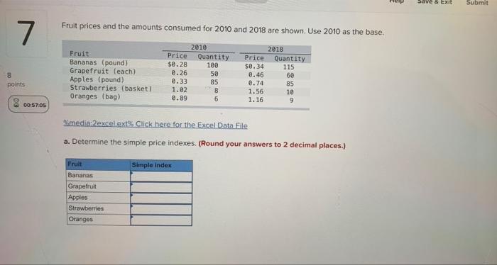  Save & Exit Submit Fruit prices and the amounts consumed for