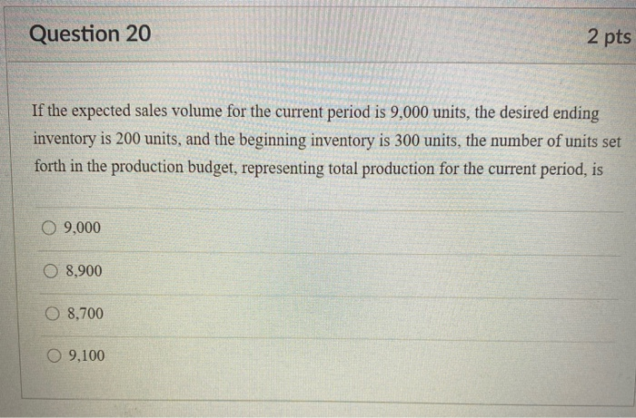  Question 20 2 pts If the expected sales volume for the