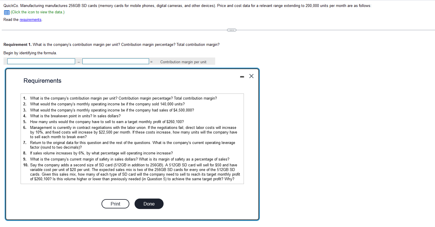 (Click the icon to view the data.) Read the requirements. Requirement