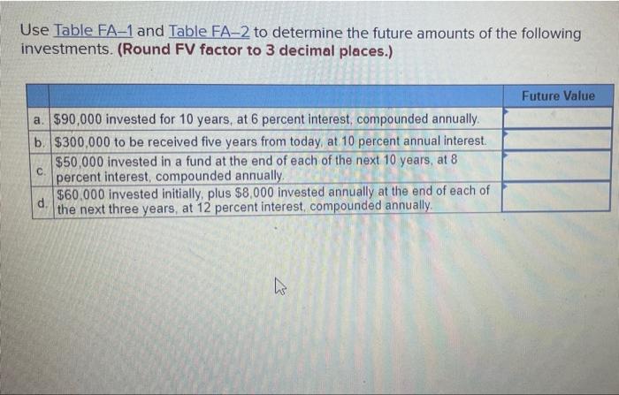 please answer Use Table FA-1 and Table FA-2 to determine the future