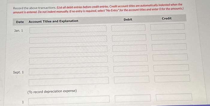 uses straight-line depreciation and records adjusting entries annually. Jan. 1 Sept. 1