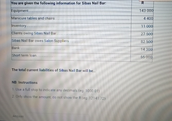  \table[[You are given the following information for Sibas Nail Bar:,R 