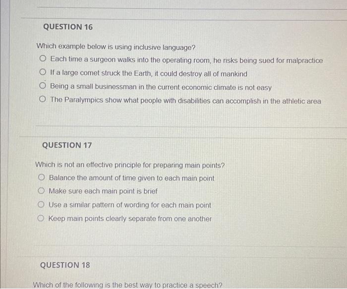 Need help asap QUESTION 16 Which example below is using inclusive language?