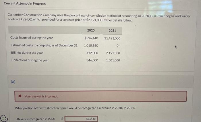 show work please! Current Attempt in Progress Cullumber Construction Company uses the