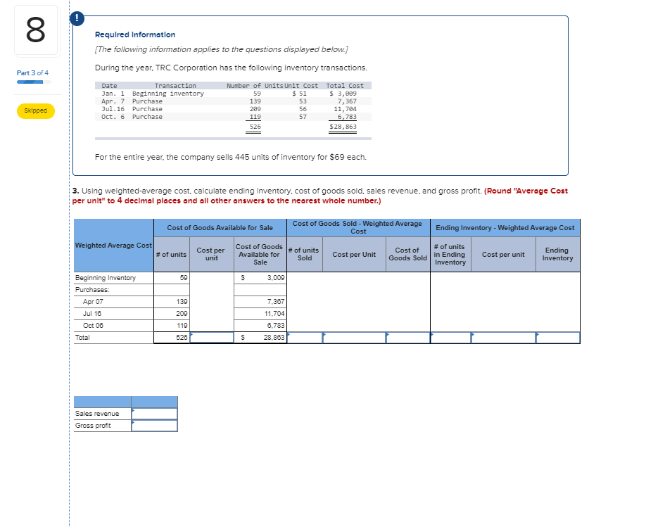year, TRC Corporation has the following inventory transactions. Part 1 of 4