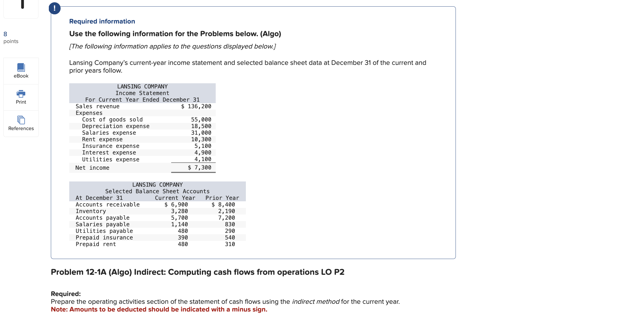  Required information Problem 12-1A (Algo) Indirect: Computing cash flows from operations
