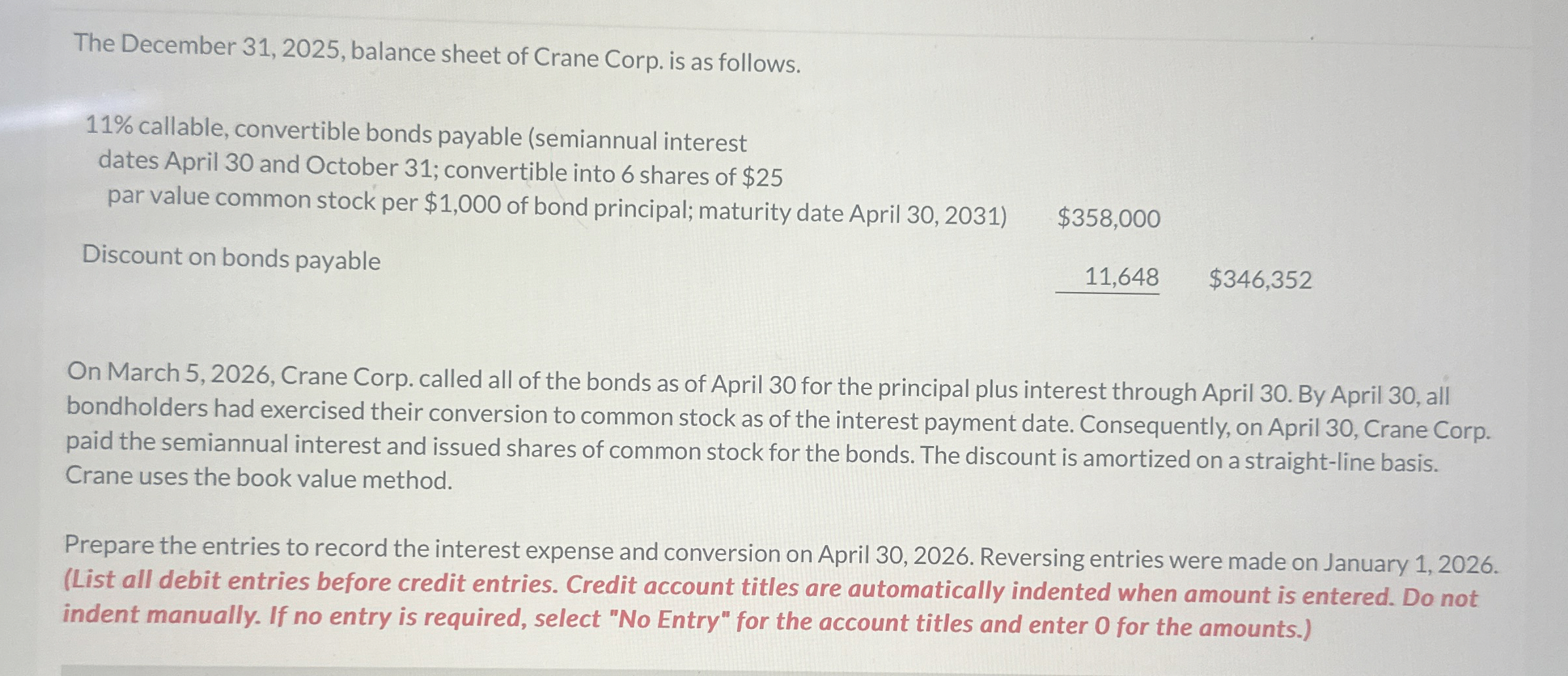  The December 31,2025, balance sheet of Crane Corp. is as follows.