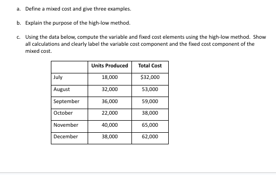  a. Define a mixed cost and give three examples. b. Explain
