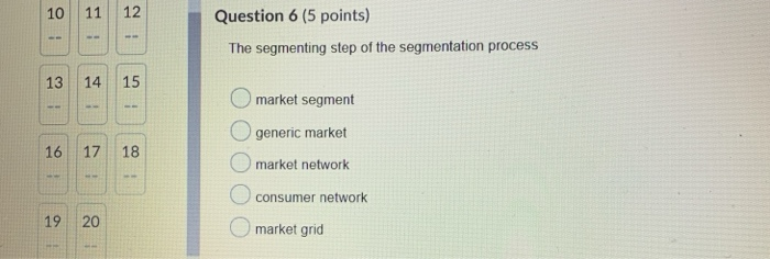  Question 6 (5 points) The segmenting step of the segmentation process