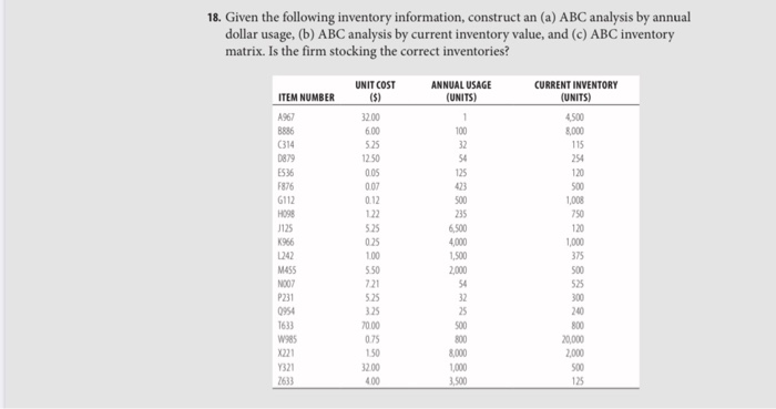  please show work in excel wirh formulas 18. Given the following