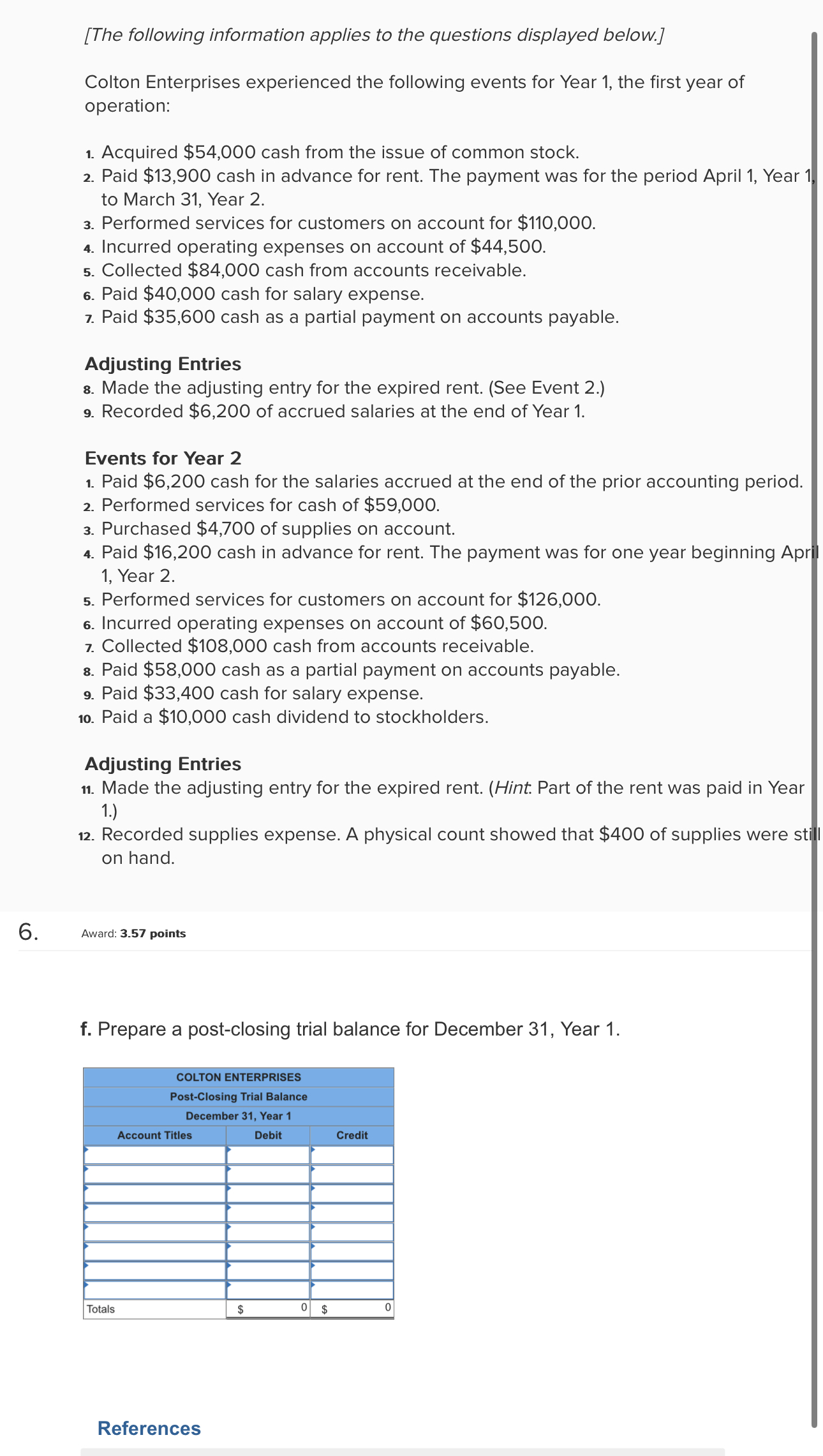  f. Prepare a post-closing trial balance for December 31, Year 1.