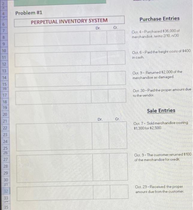  ND Problem #1 PERPETUAL INVENTORY SYSTEM Purchase Entries Dr ar 7