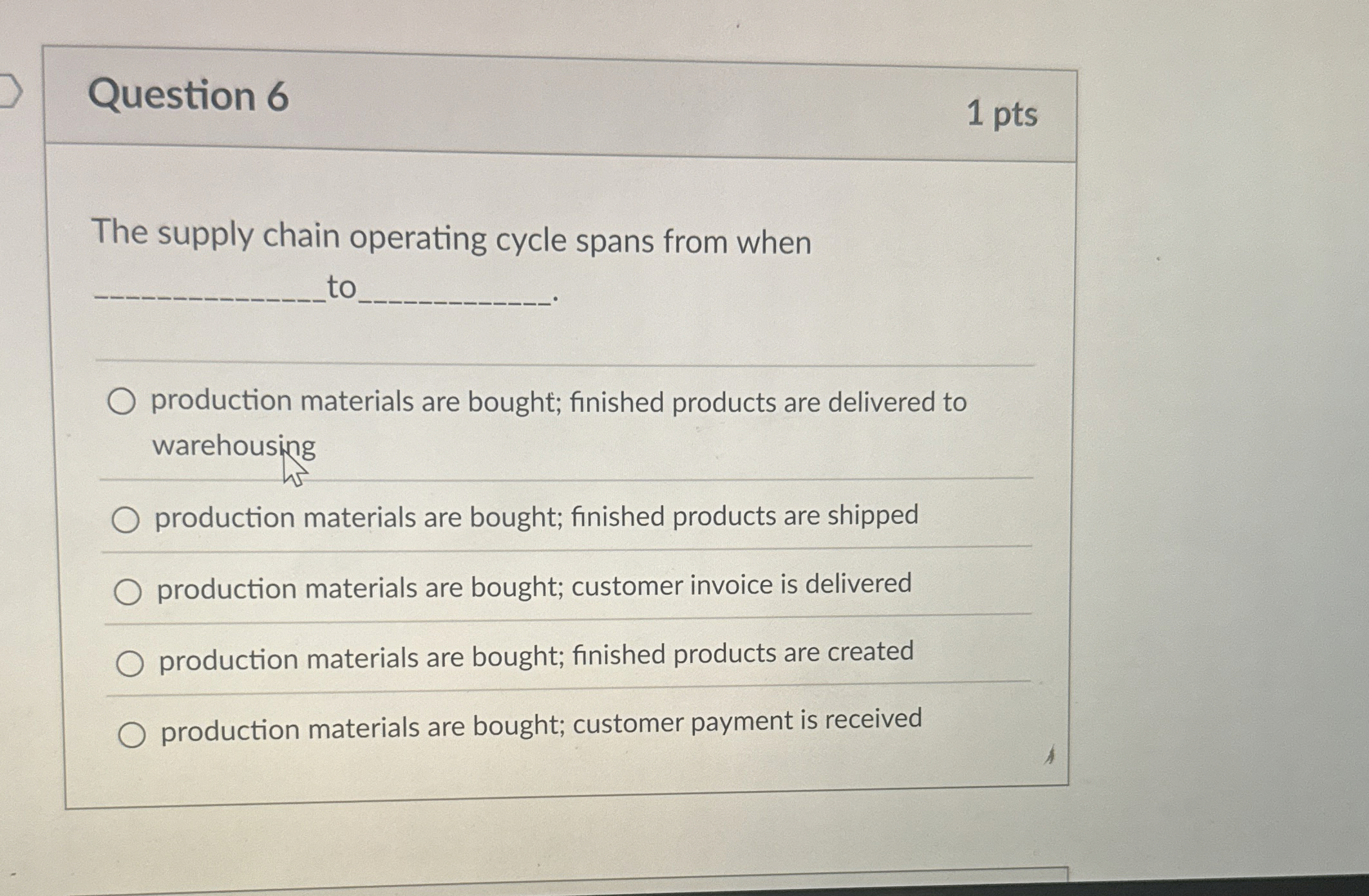  Question 6 1 pts The supply chain operating cycle spans from