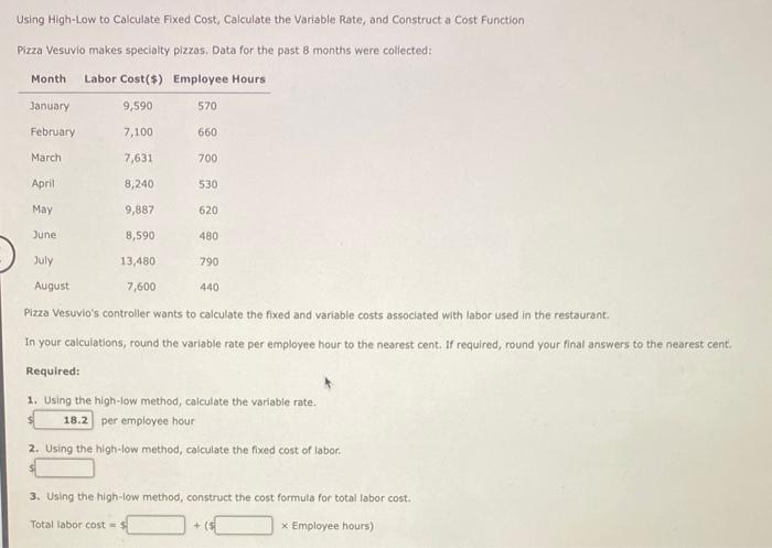  Using High-Low to Calculate Fixed Cost, Calculate the Variable Rate, and
