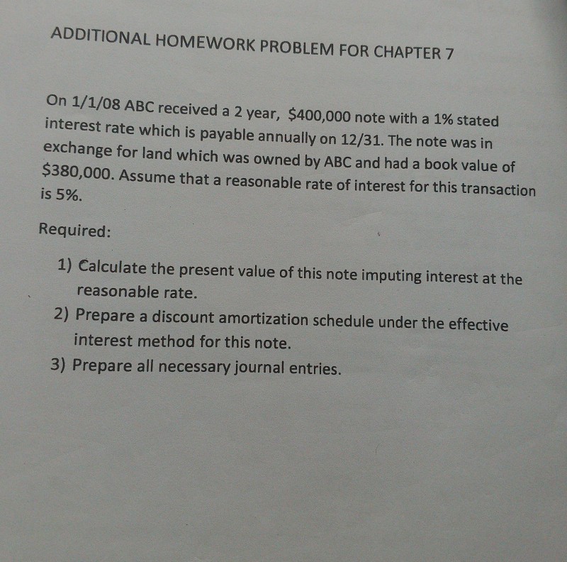 ADDITIONAL HOMEWORK PROBLEM FOR CHAPTER7 On 1/1/08 ABC received a 2