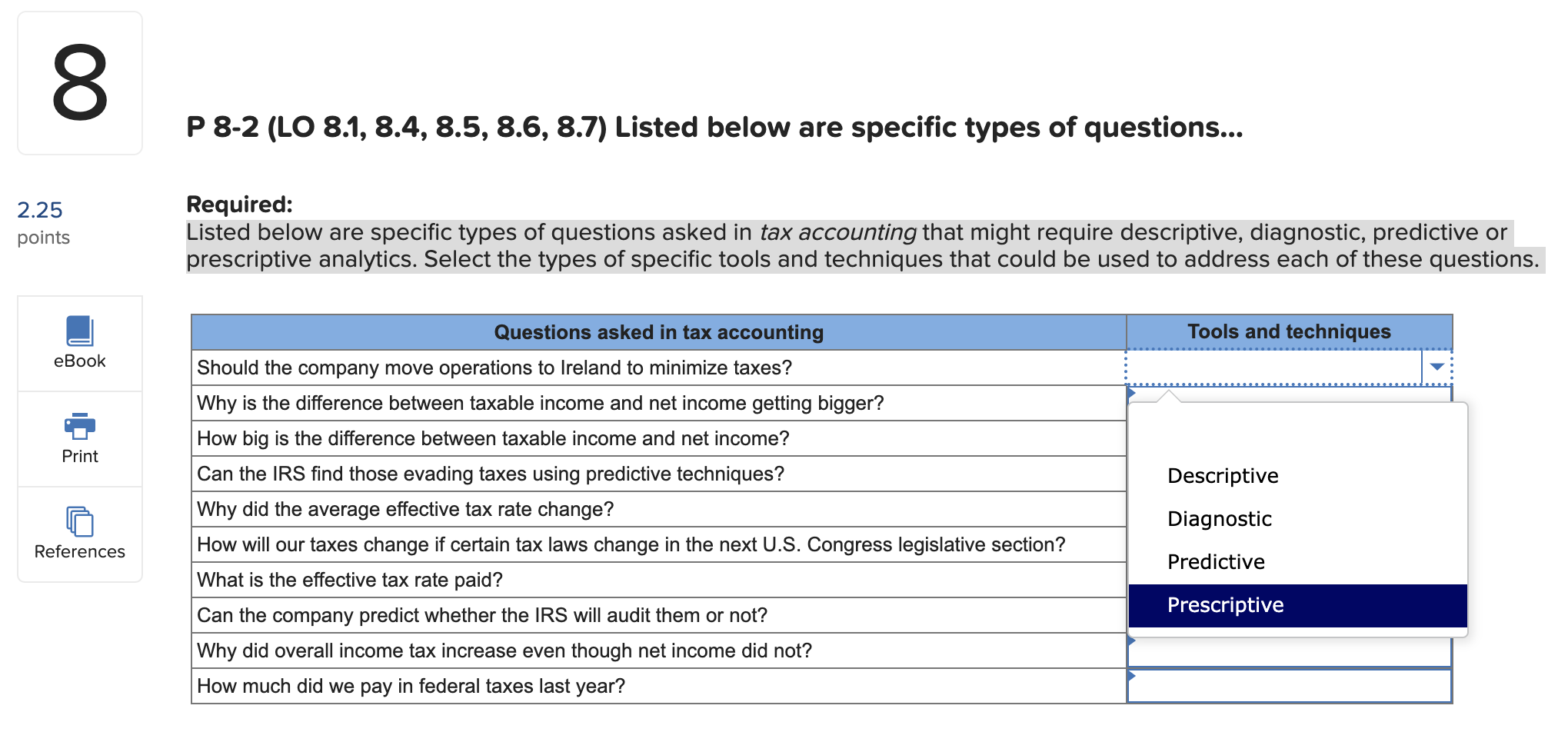  P 8-2 (LO 8.1, 8.4, 8.5, 8.6, 8.7) Listed below are