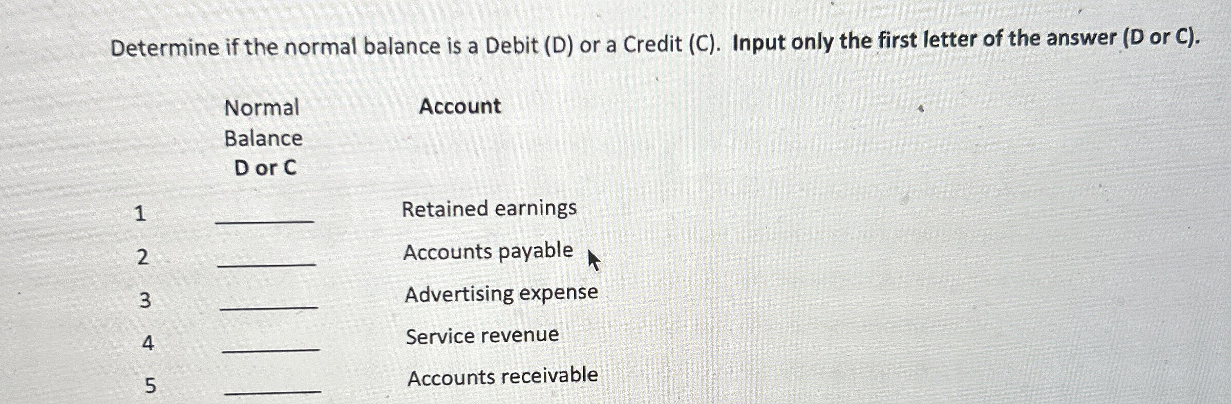  Determine if the normal balance is a Debit (D) or a