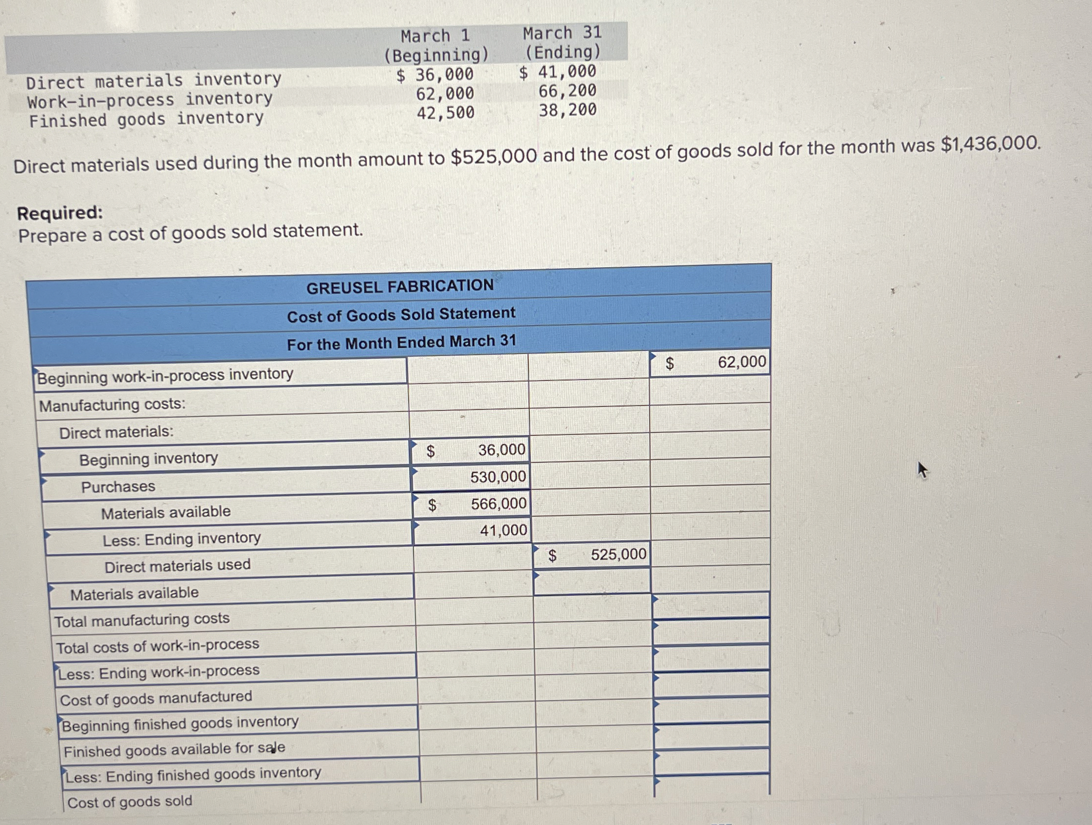  \table[[,\table[[March 1],[(Beginning)]],\table[[March 31],[(Ending)]]],[Direct materials inventory,$36,000,$41,000 