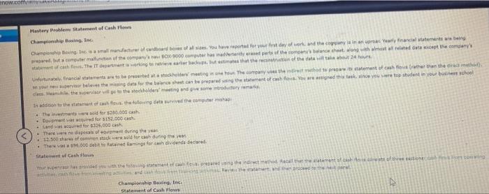 please help! now.com Hastery Problem Statement of Cash Flows Champion og In