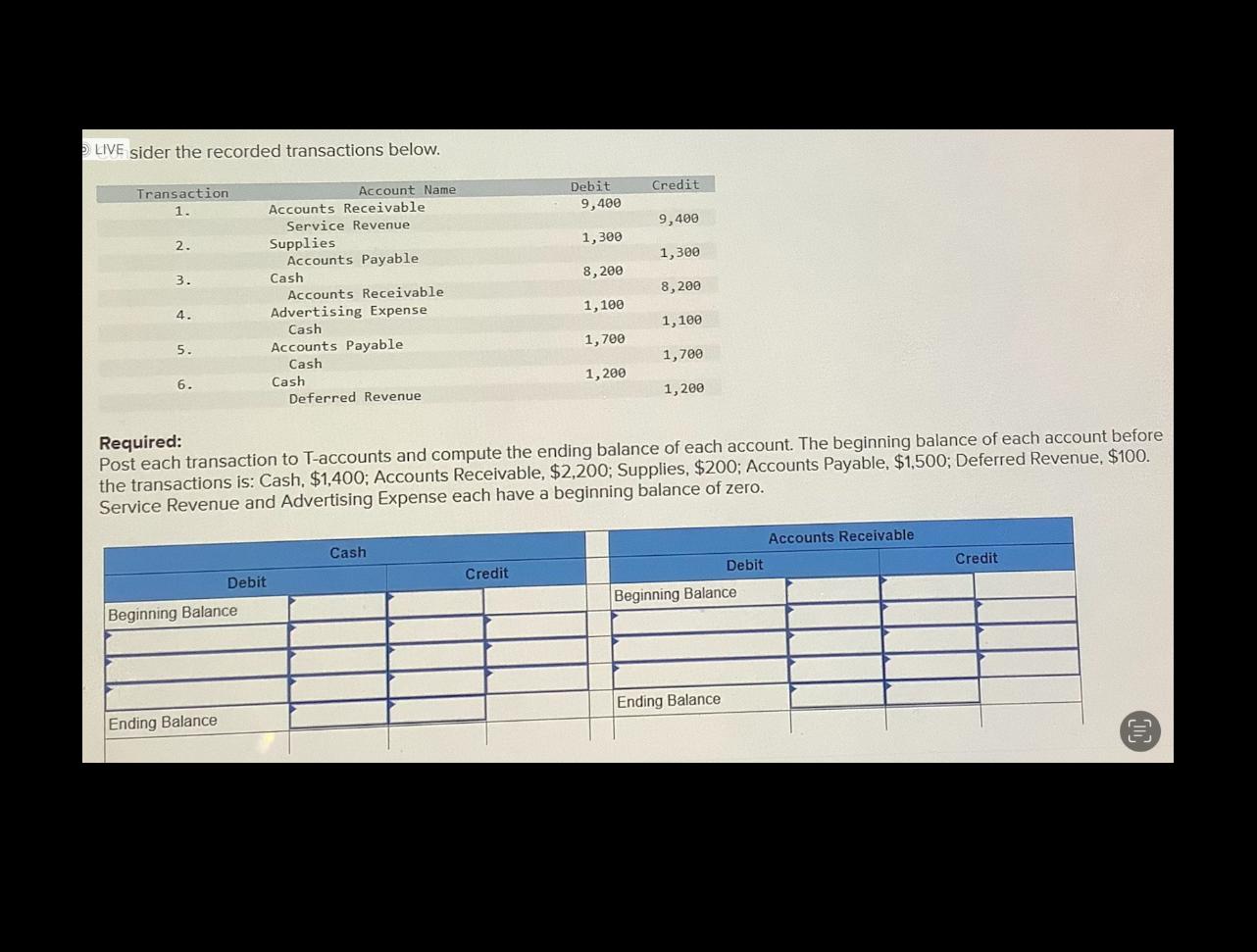 LIVE sider the recorded transactions below. Required: Post each transaction to