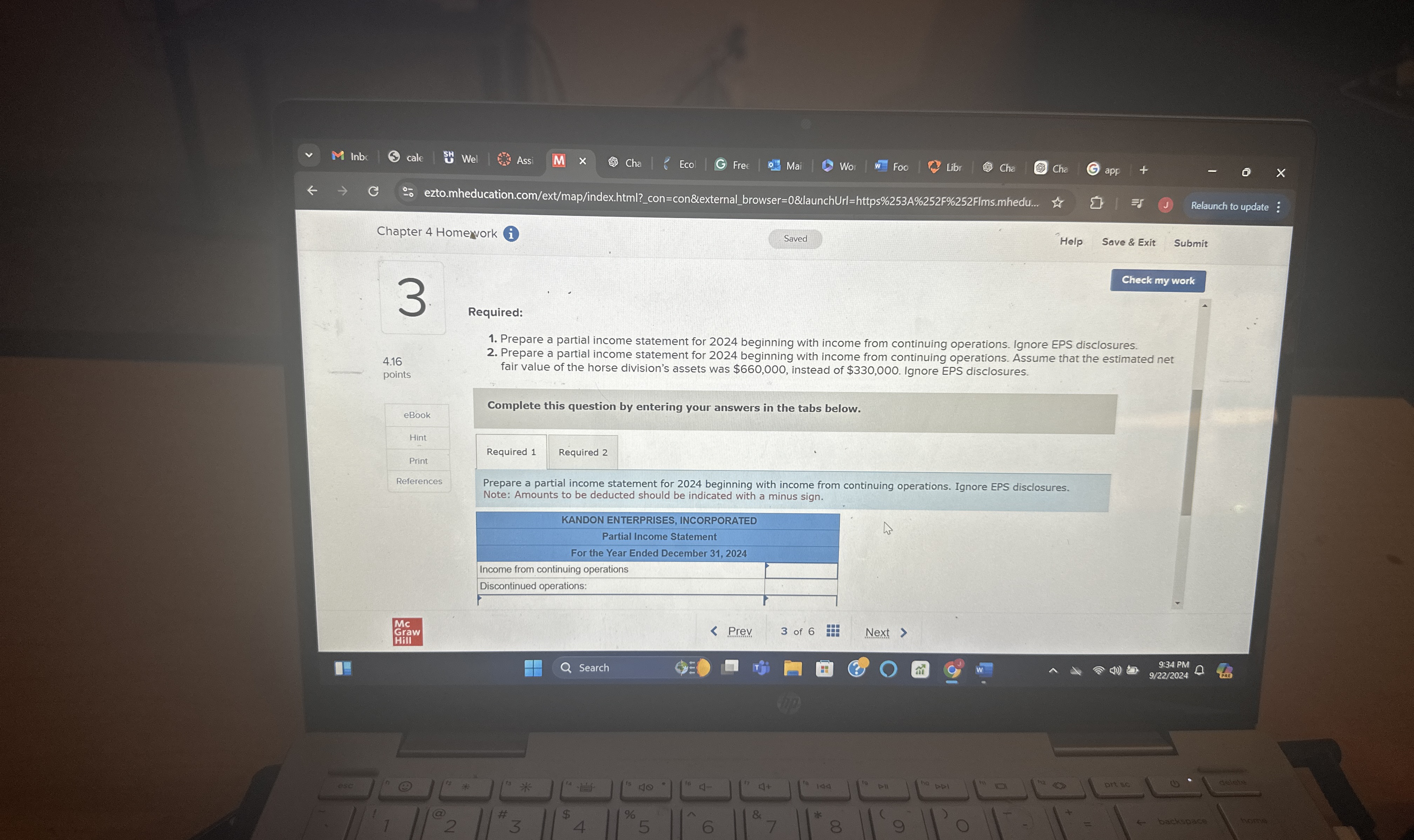  Required: Prepare a partial income statement for 2024 beginning with income