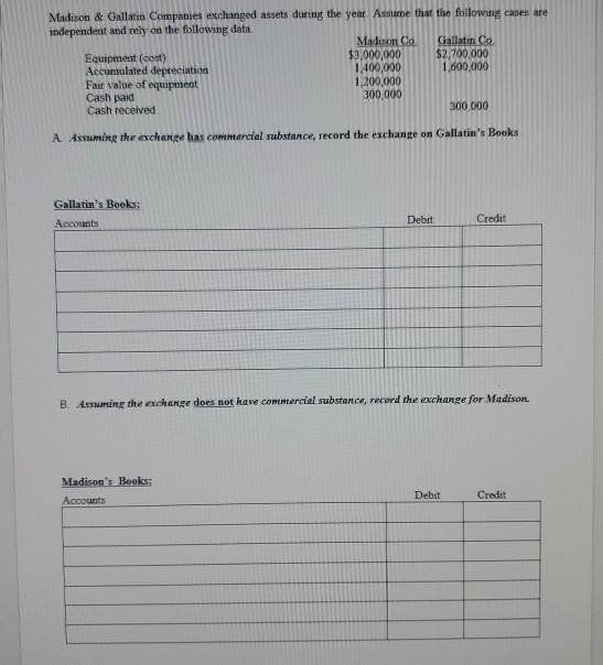 please help. Madison & Gallatin Companies exchanged assets during the year. Assume