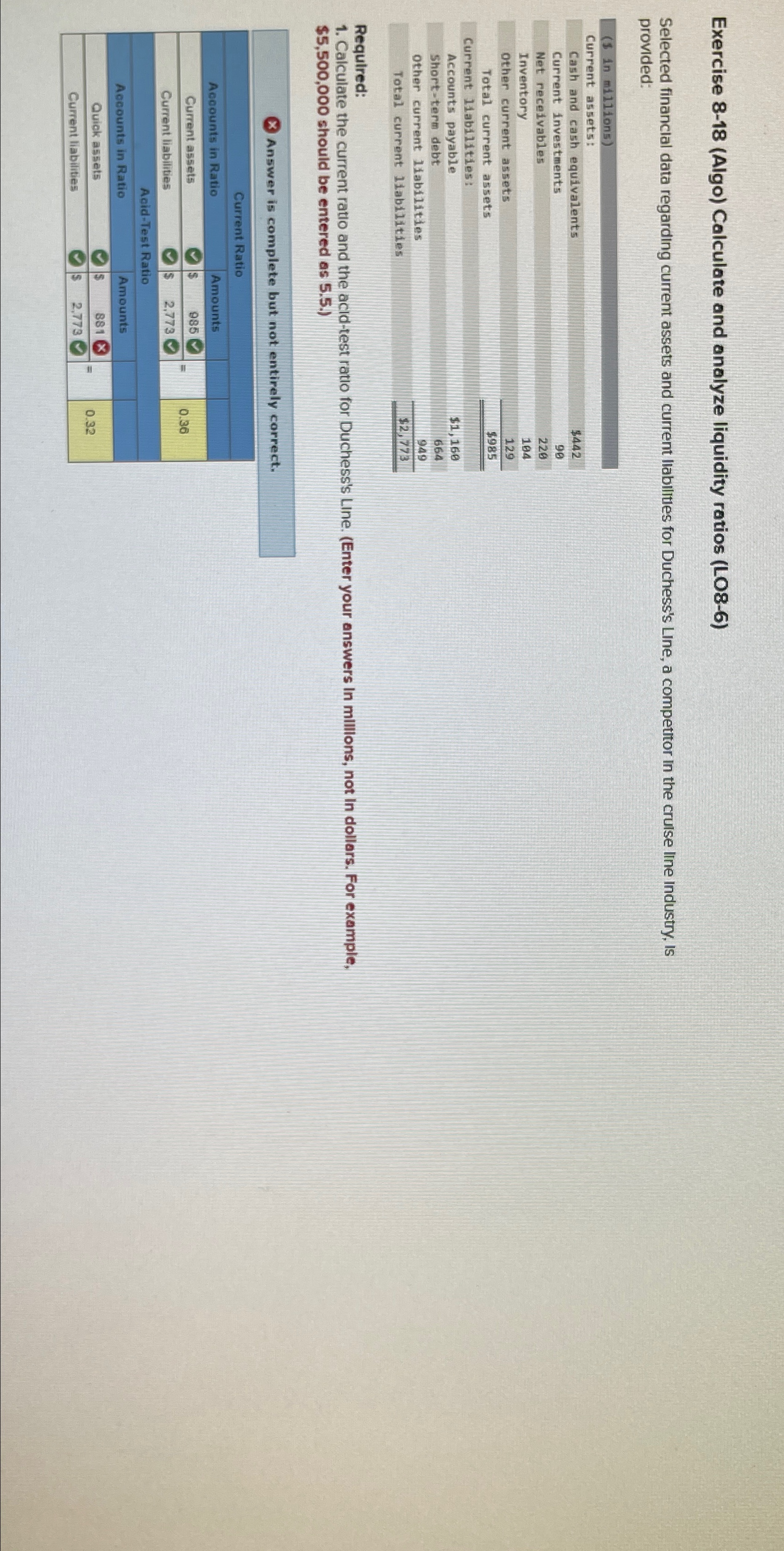  Exercise 8-18(Algo) Calculate and analyze liquidity ratios (LO8-6) Selected financial data