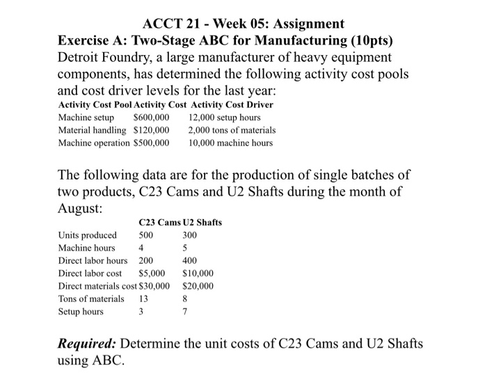Please help showing work ACCT 21 - Week 05: Assignment Exercise A: