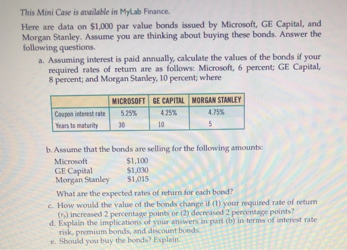  This Mini Case is available in MyLab Finance. Here are data