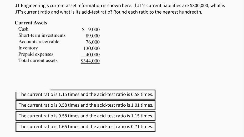 please give correct Answer JT Engineering's current asset information is shown