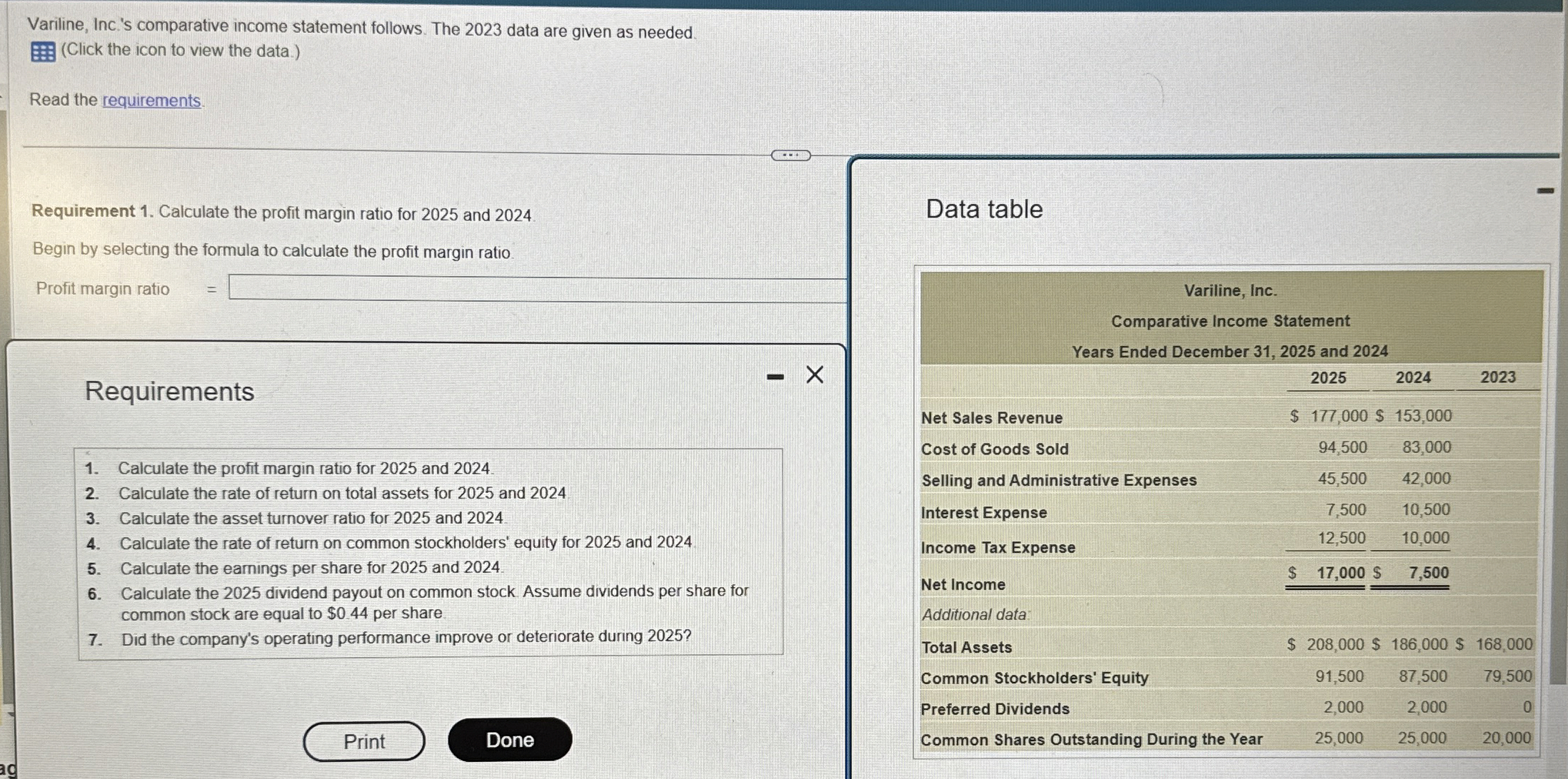  *PLEASE COMPLETE PARTS 1-7*Variline, Inc.'s comparative income statement follows. The 2023