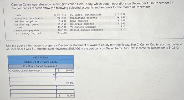problem incomplete need help badly! Carmen Camry operates a consulting firm called