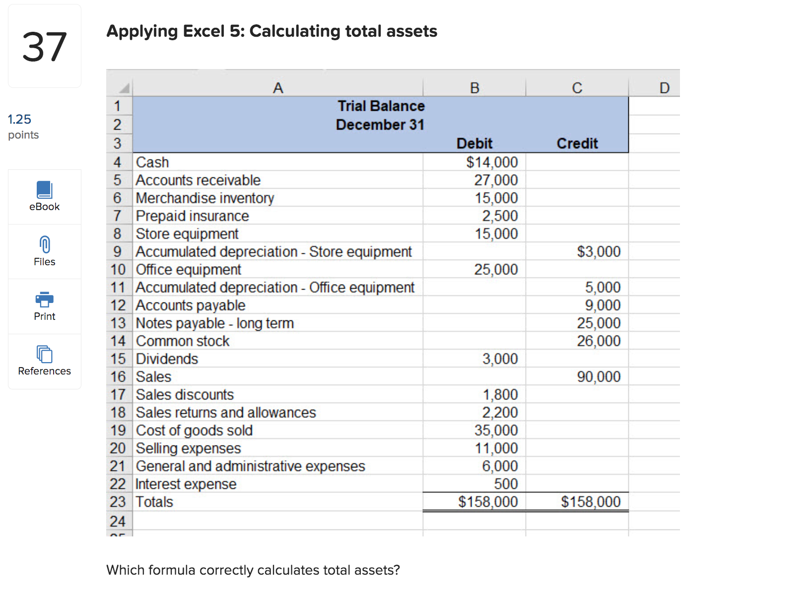 =+C16SUM(B17:B19) Applying Excel 5: Calculating total assets Whch tormula correctly calculates total