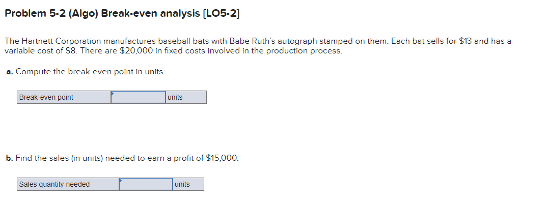  Problem 5-2(Algo) Break-even analysis [LO5-2] The Hartnett Corporation manufactures baseball bats