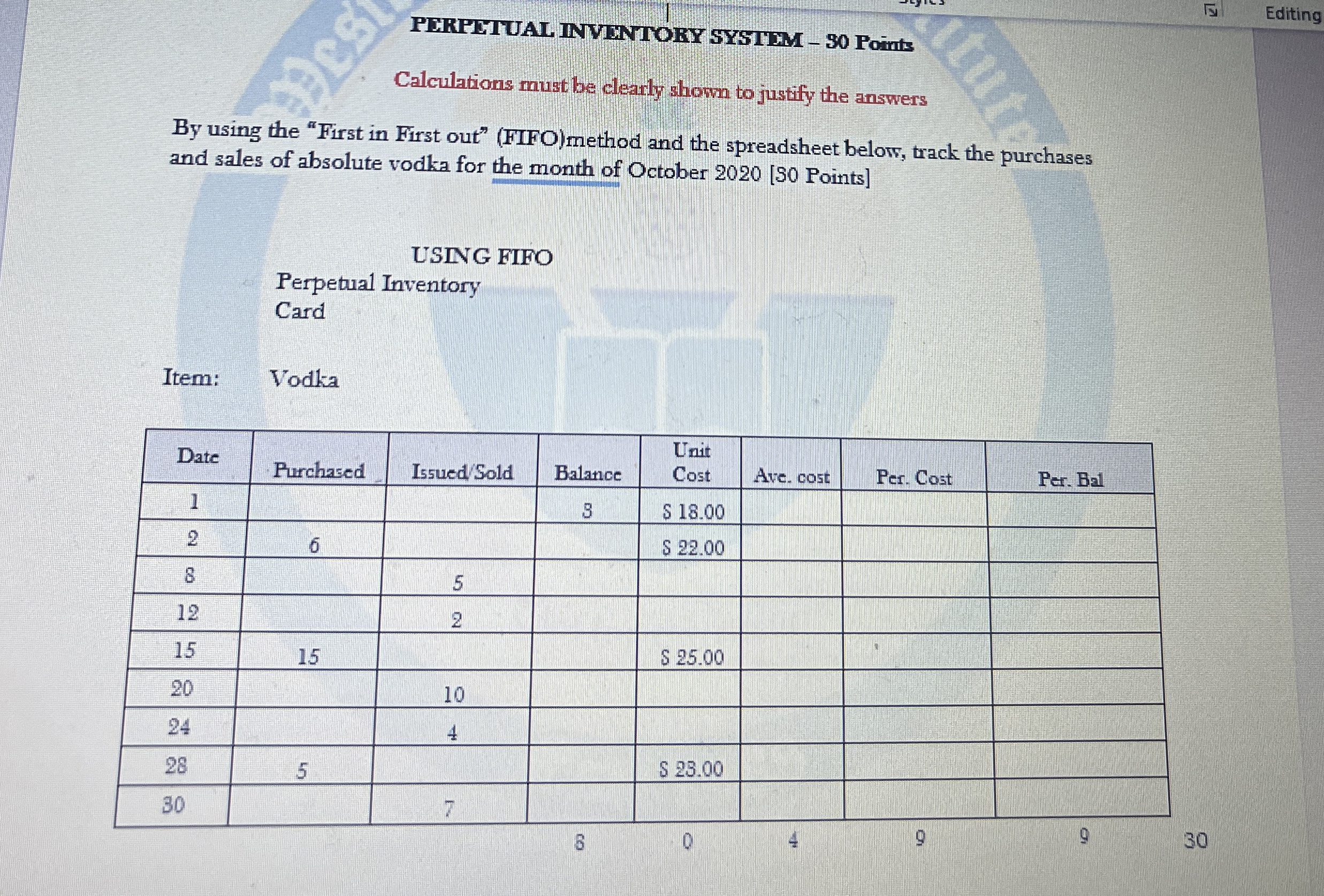  PERPEIUAL INVENTORY SYSITM -30 Points Calculations must be clearly shown to