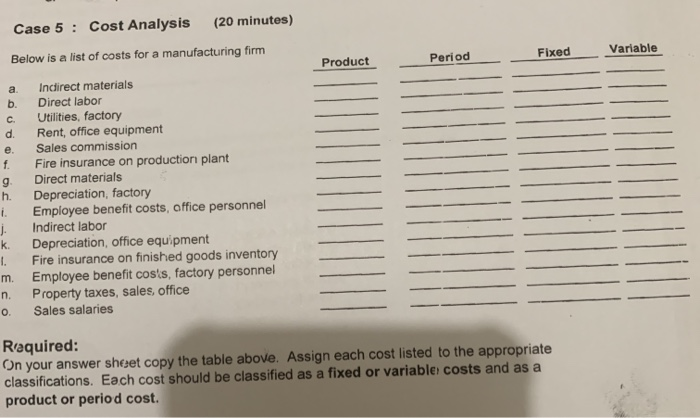 Case 5 : Cost Analysis (20 minutes) Below is a list