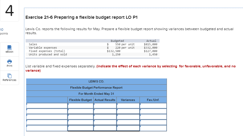 Exercise 21-6 Preparing a flexible budget report LO P1 10 points