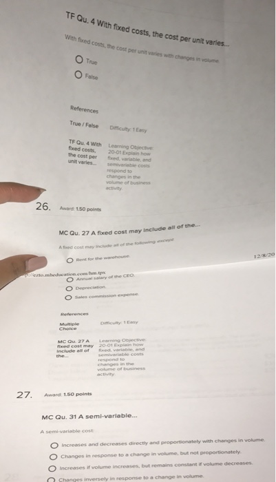  With fixed costs, the cost peel unit vacates with changes in