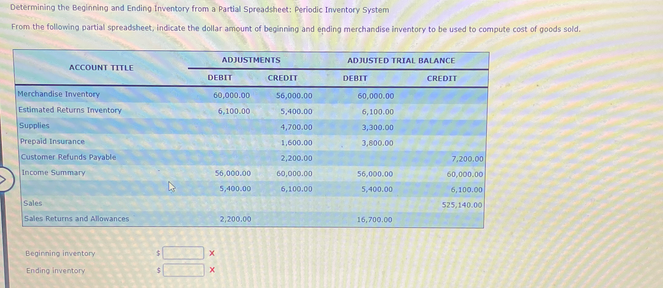  Determining the Beginning and Ending Inventory from a Partial Spreadsheet: Periodic