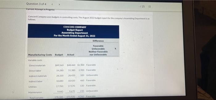  Question 3 of 4 > 25 Current Attemptin Progress Concord Companyes