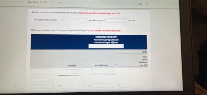 follows CONCORD COMPANY Budget Report Assembling Department For the Month Ended August