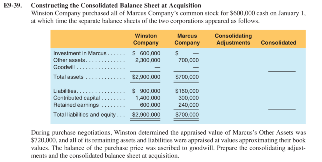 undefined E9-39. Constructing the Consolidated Balance Sheet at Acquisition Winston Company purchased