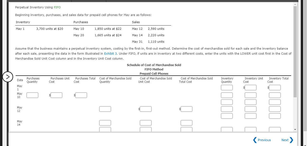 Perpetual Inventory Using FIFO Beginning inventory, purchases, and sales data for