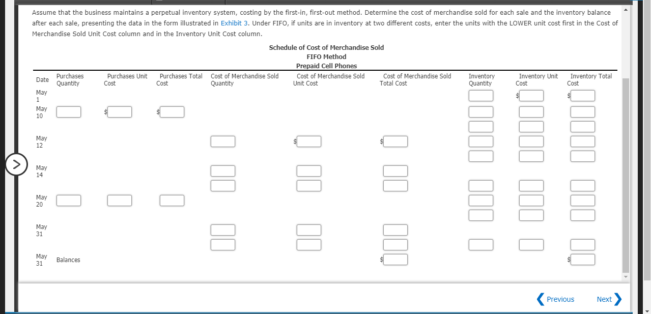 prepaid cell phones for May are as follows: Inventory Purchases Sales May