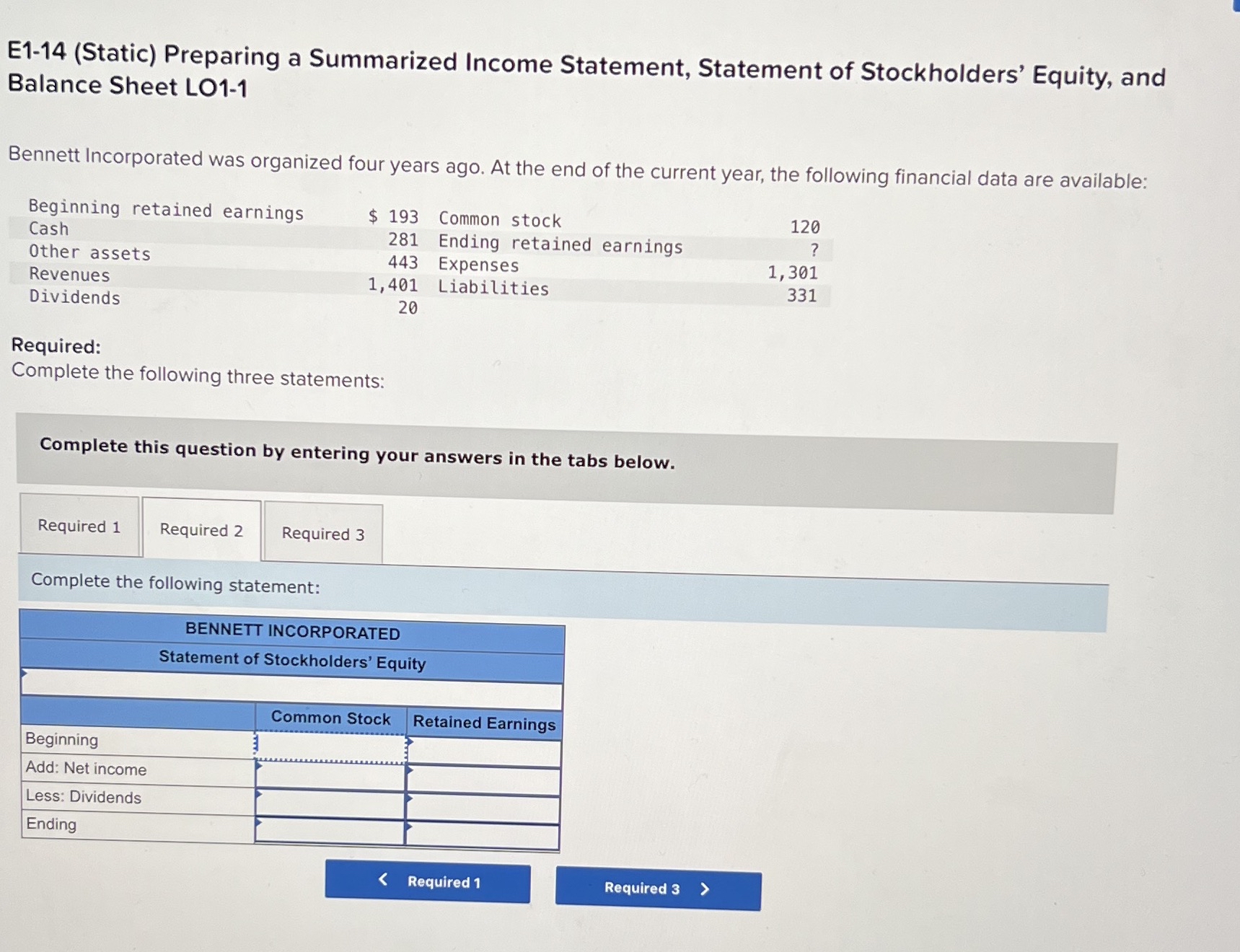  E1-14(Static) Preparing a Summarized Income Statement, Statement of Stockholders' Equity, and
