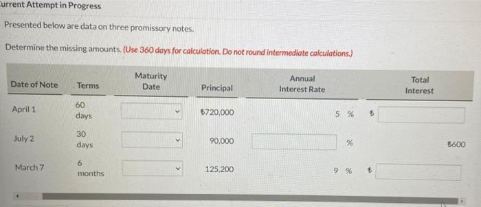 notes. Determine the missing amounts. (Use 360 days for calculation. Do not