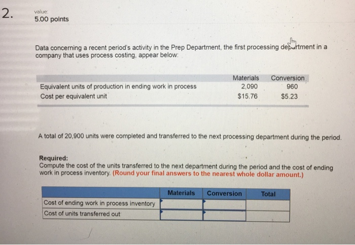  2 value 5.00 points Data concerning a recent period's activity in